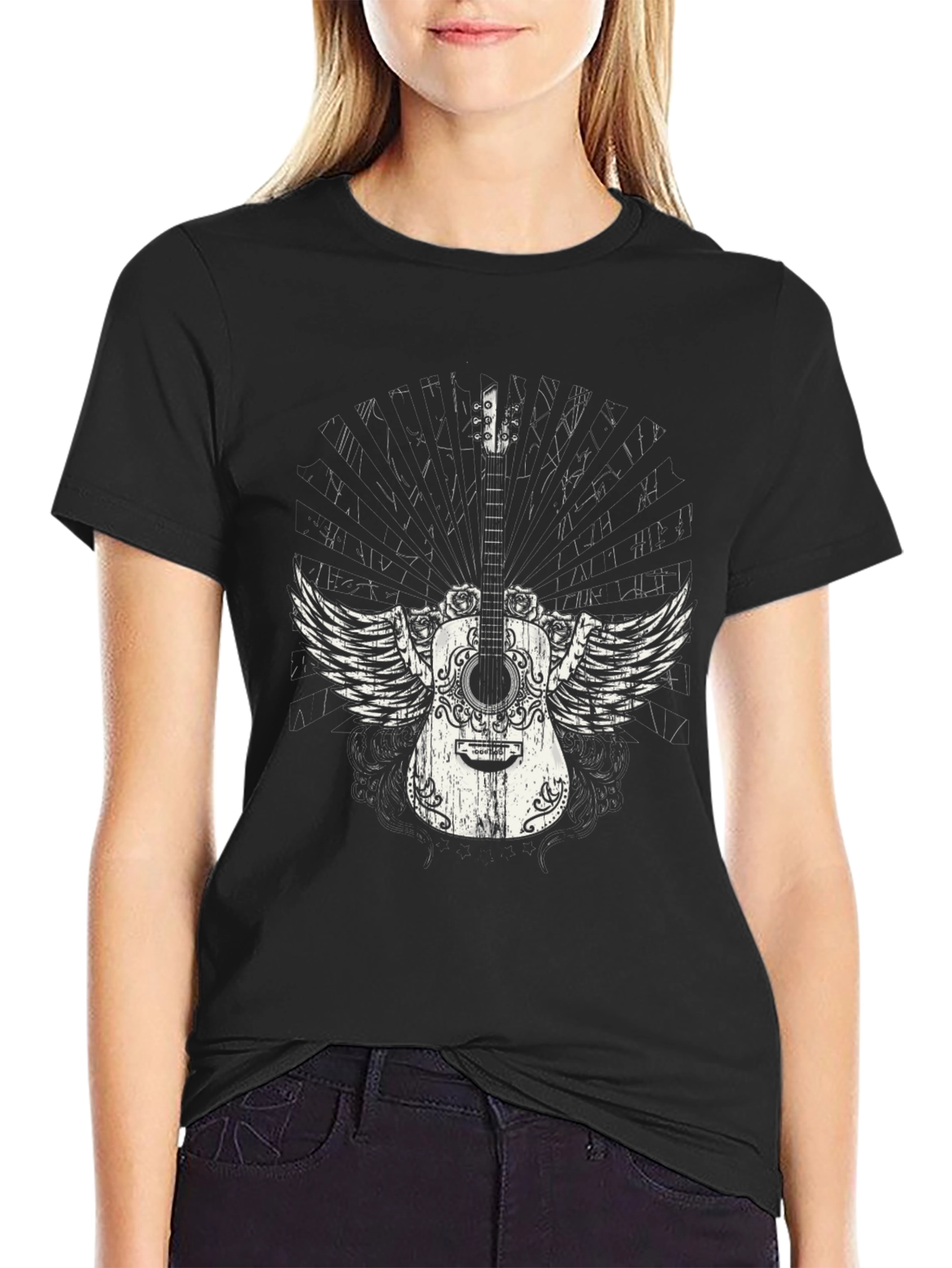 Winged Guitar Graphic Black T-Shirt