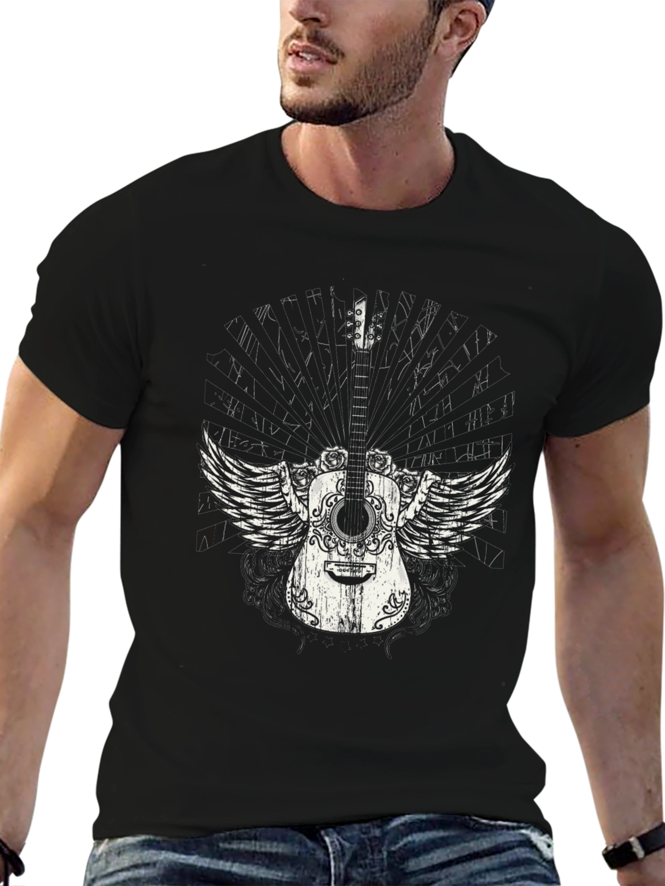 Winged Guitar Graphic Black T-Shirt
