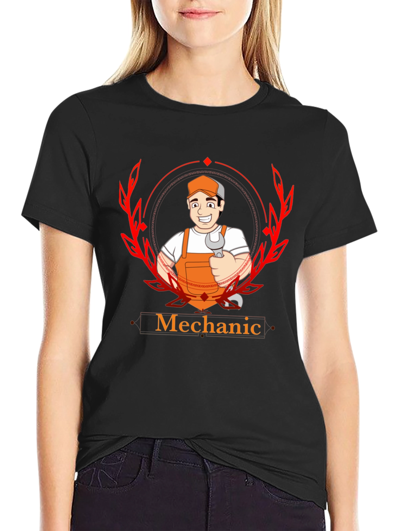Mechanic Cartoon Graphic Black T-Shirt