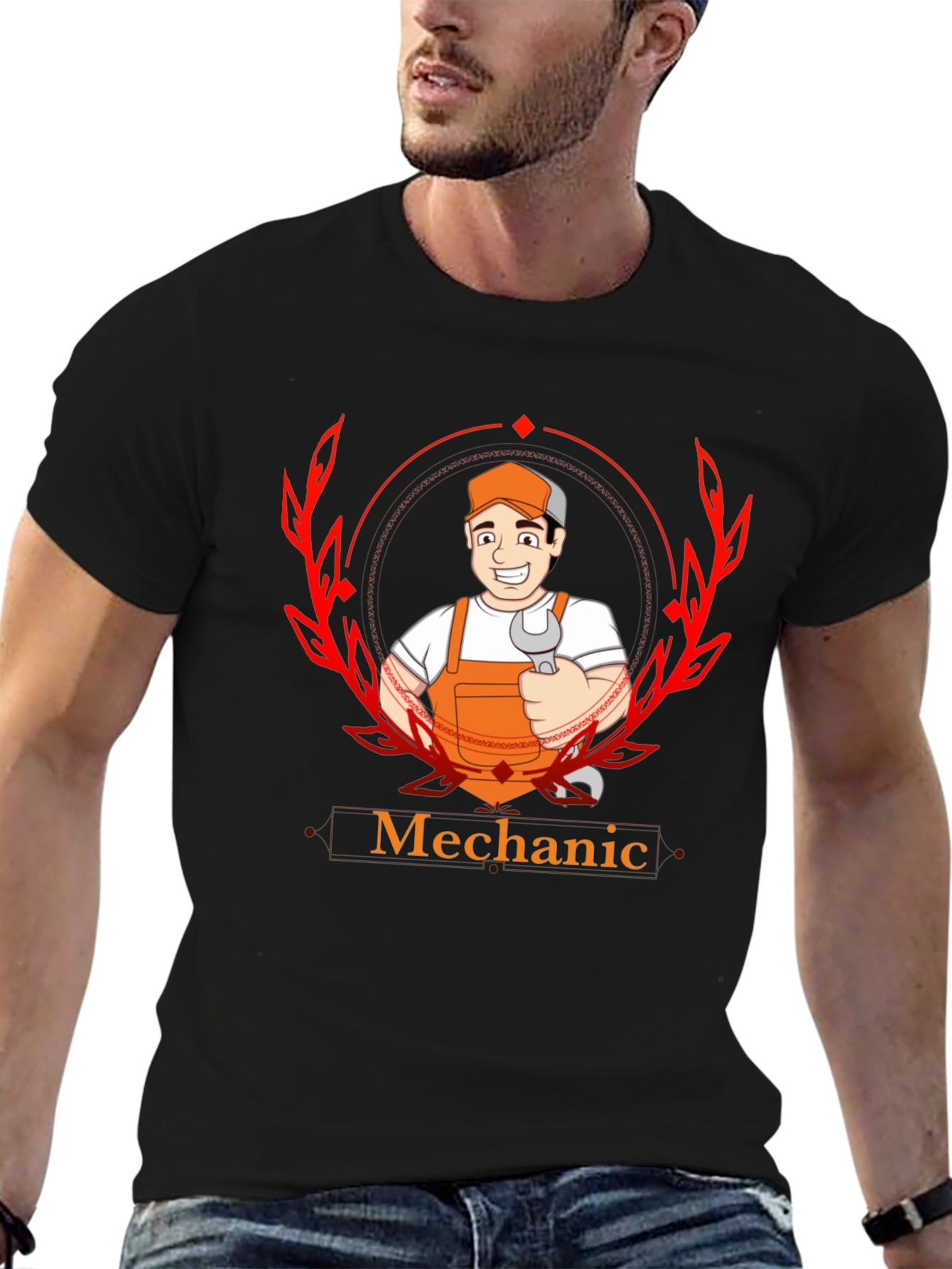 Mechanic Cartoon Graphic Black T-Shirt
