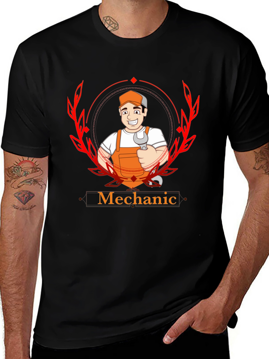 Mechanic Cartoon Graphic Black T-Shirt