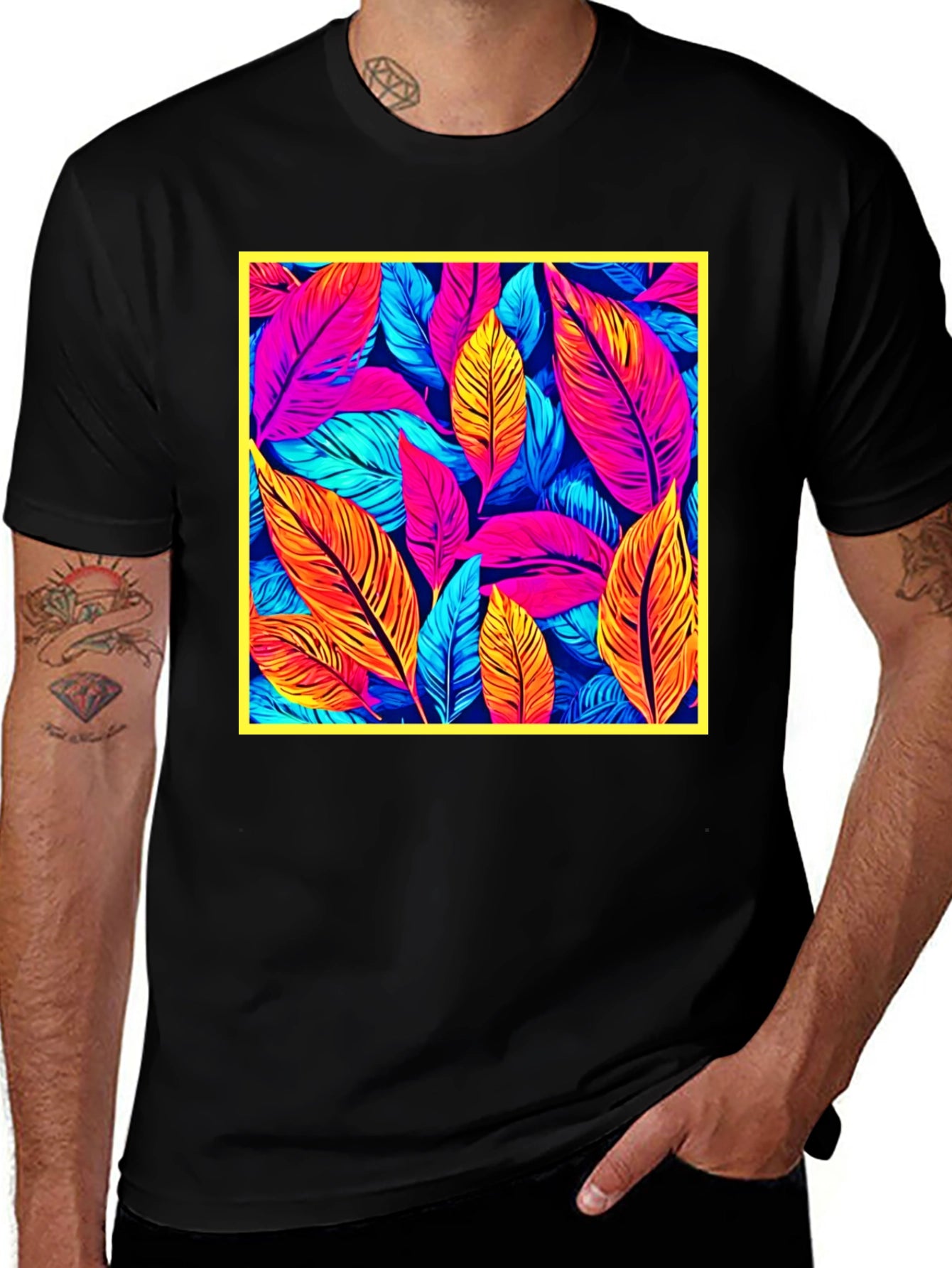 Tropical Leaf Print Black T-Shirt