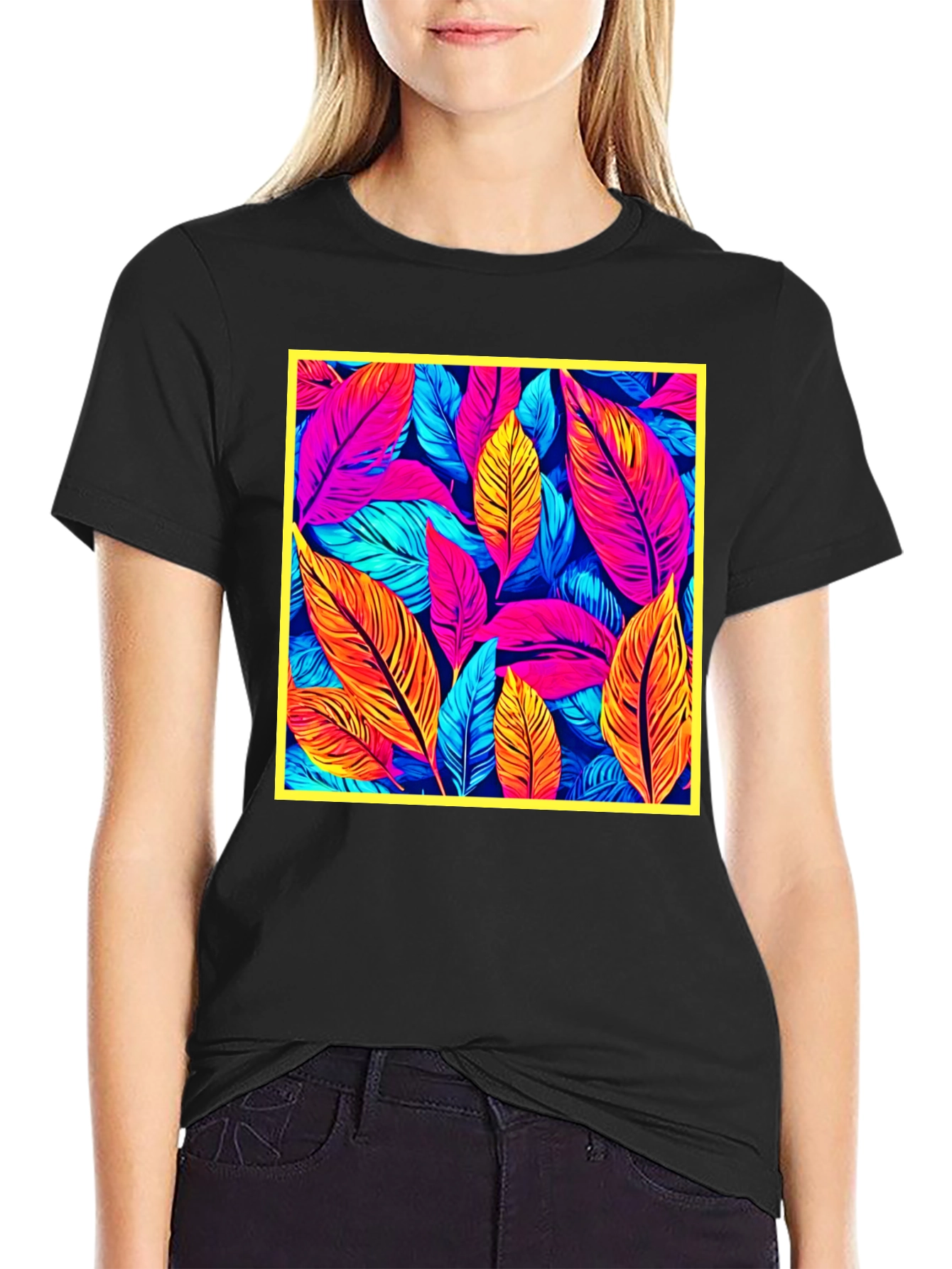 Tropical Leaf Print Black T-Shirt