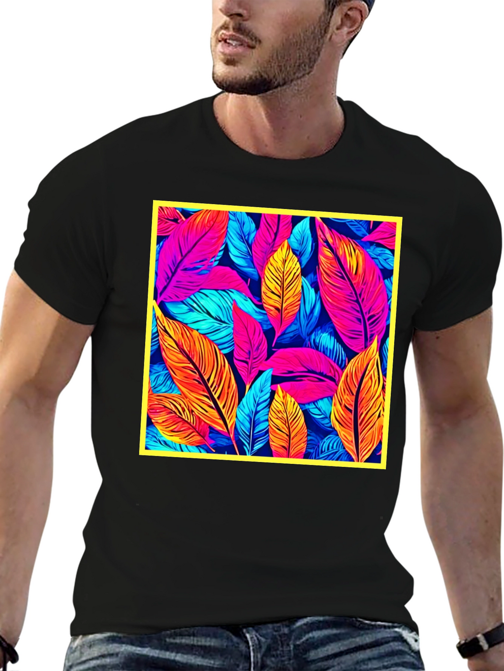 Tropical Leaf Print Black T-Shirt