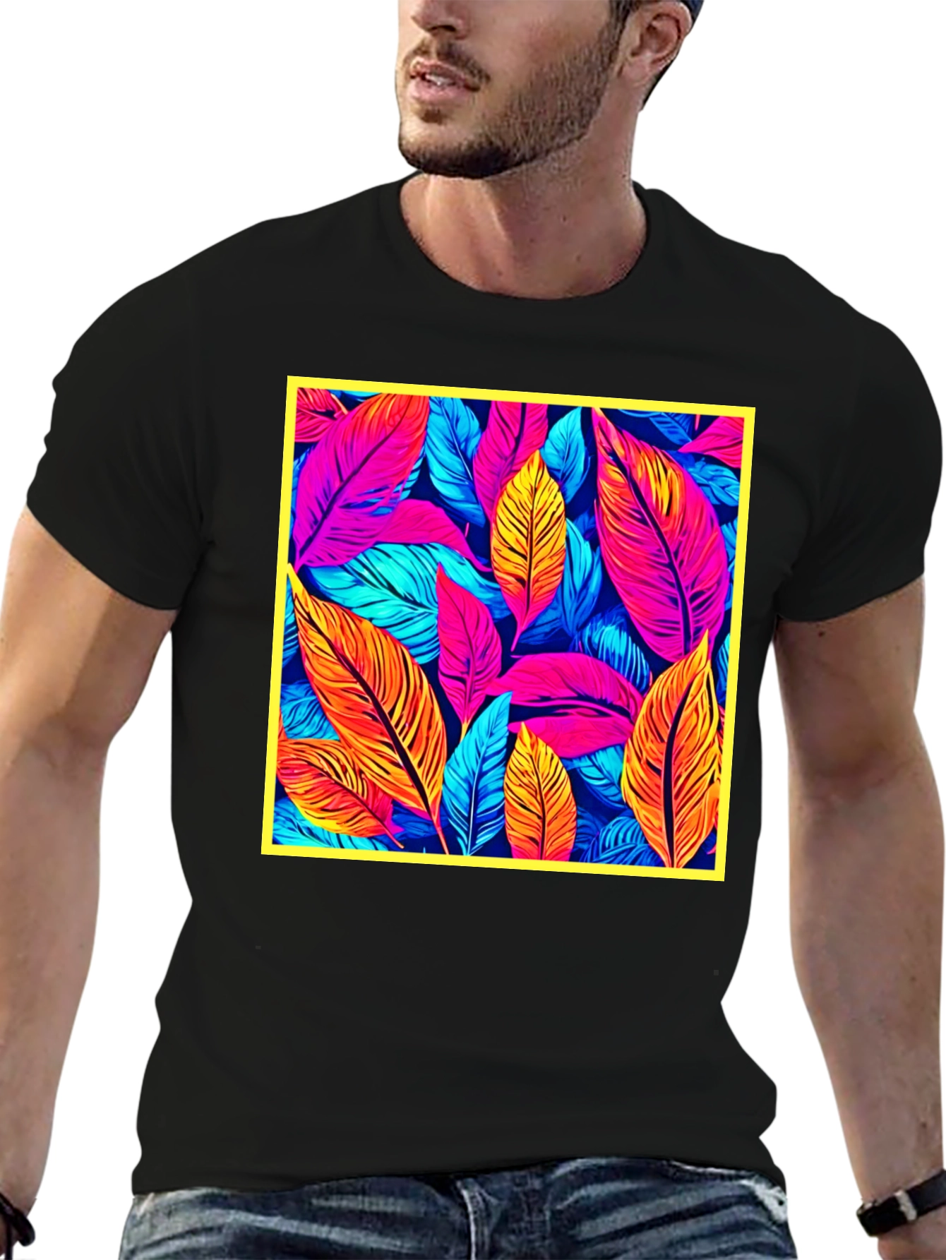 Tropical Leaf Print Black T-Shirt