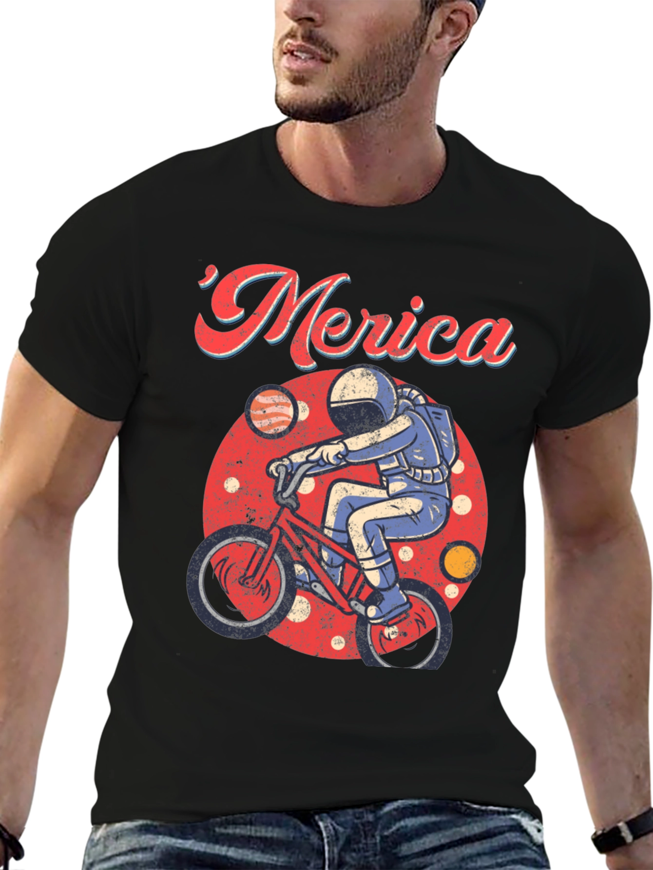 Retro Merica Spaceman on Bike T-Shirt