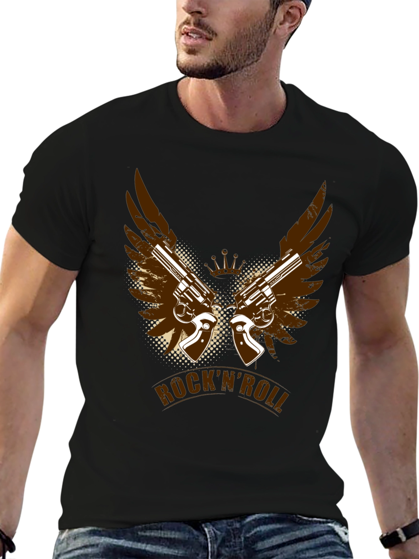 RocknRoll T-Shirt with Gun and Wing Design