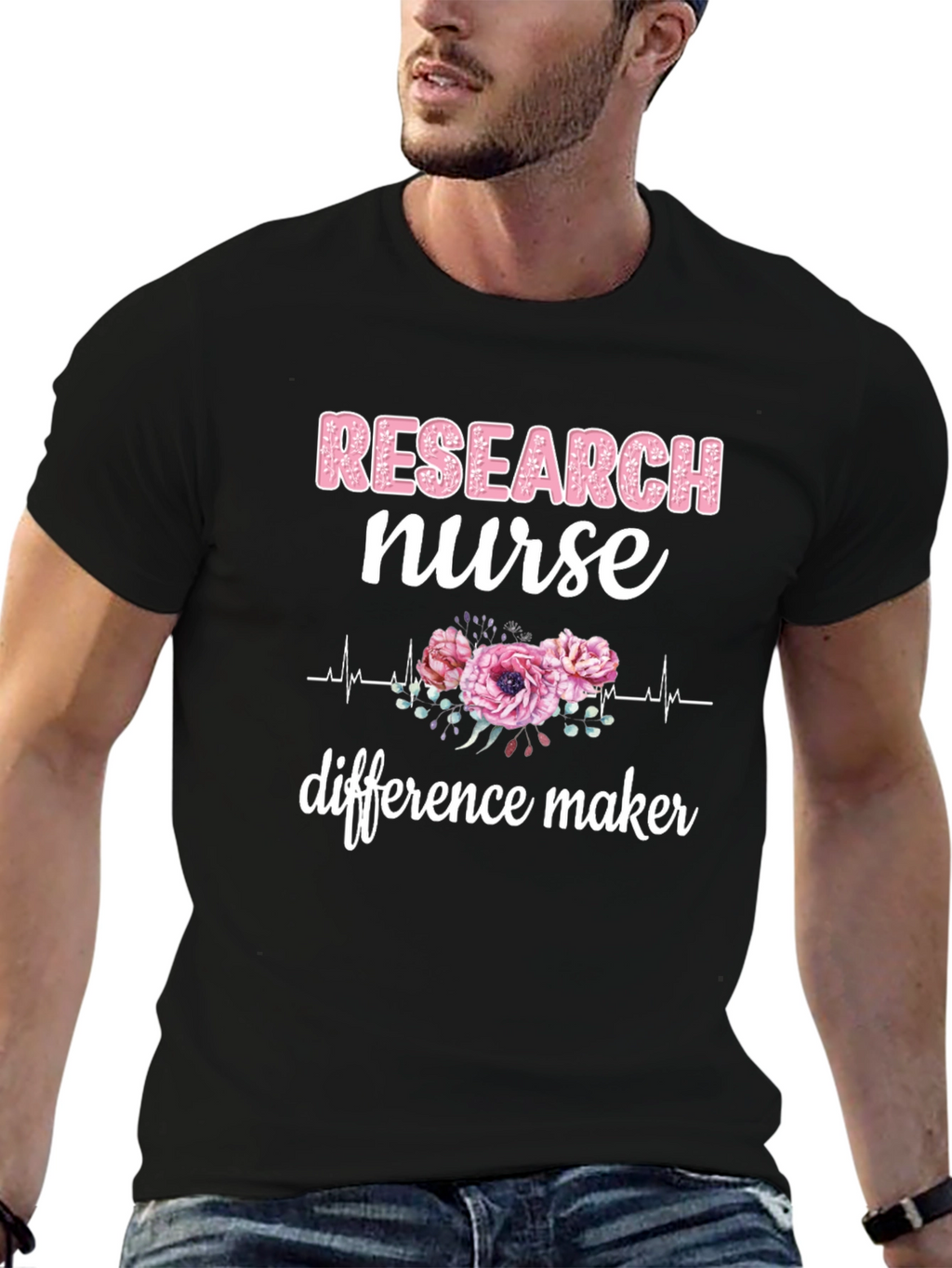 Research Nurse T-Shirt - Floral Heartbeat Graphic Tee