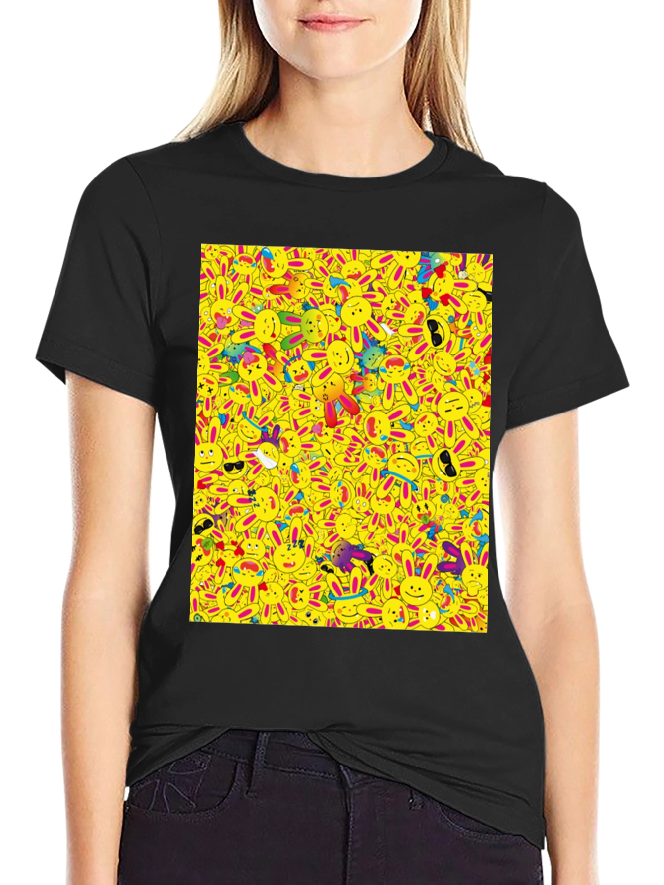 Novelty Cartoon Bunny Pattern Black T-Shirt