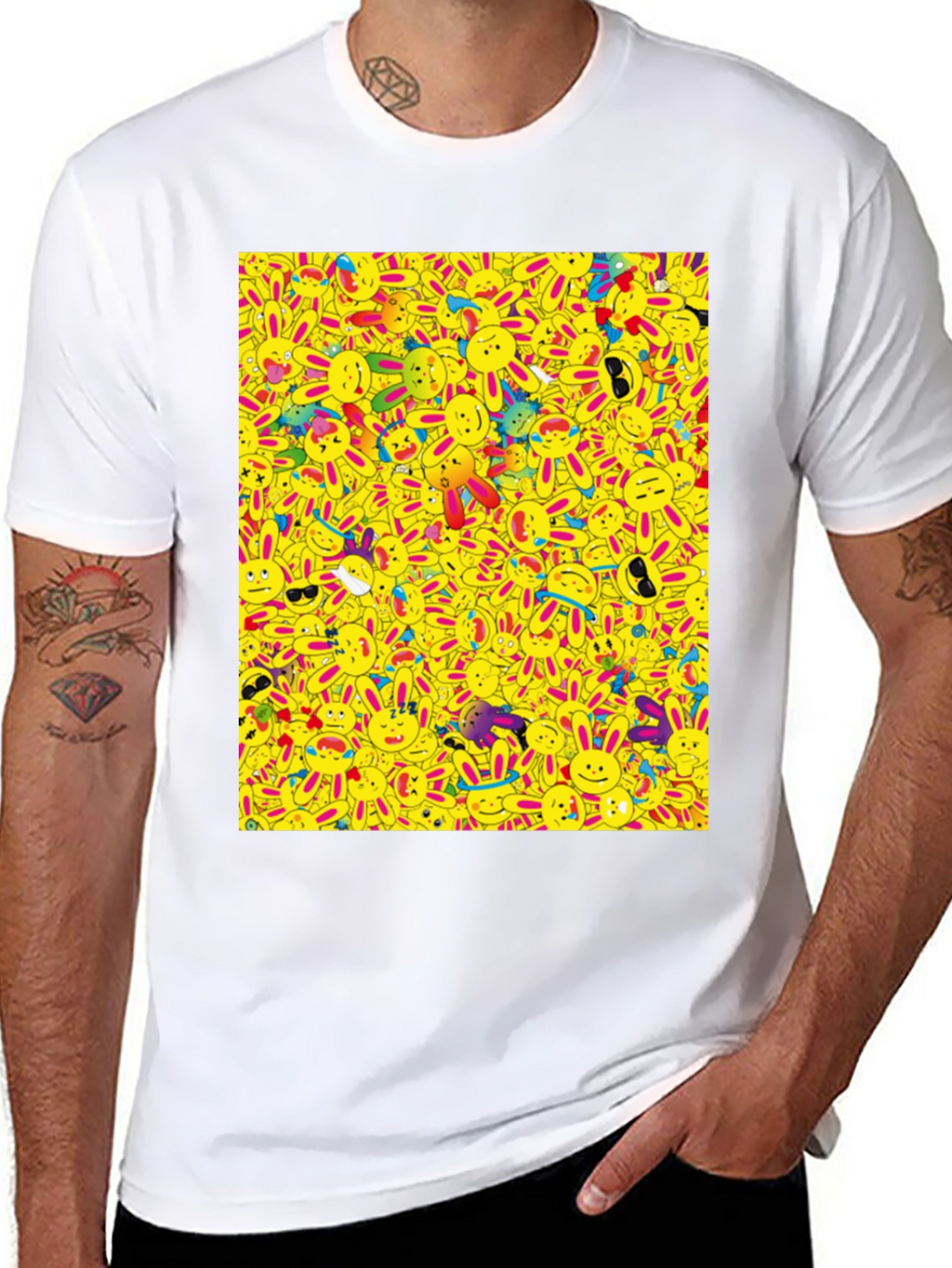 Novelty Cartoon Bunny Pattern Black T-Shirt