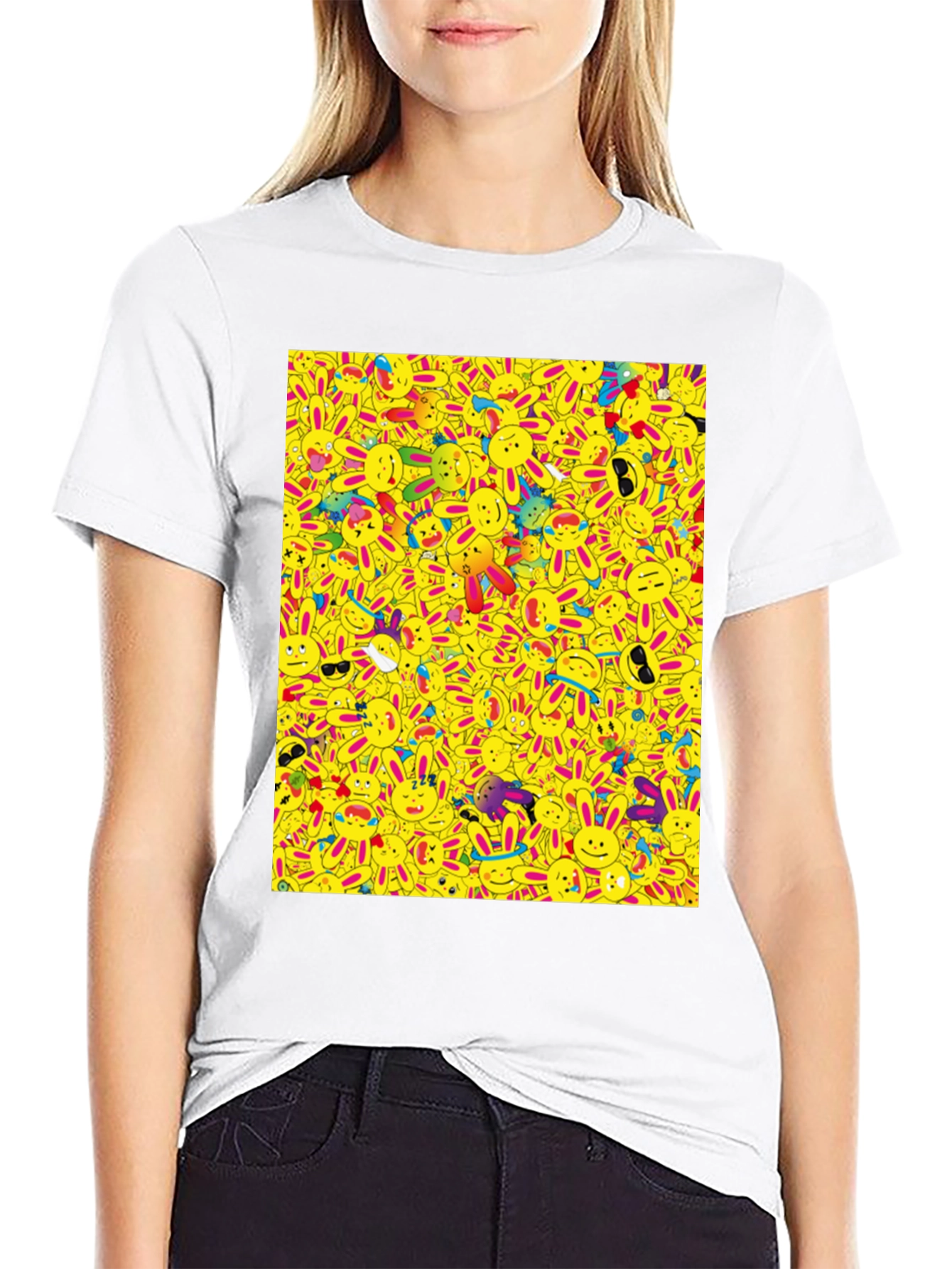 Novelty Cartoon Bunny Pattern Black T-Shirt