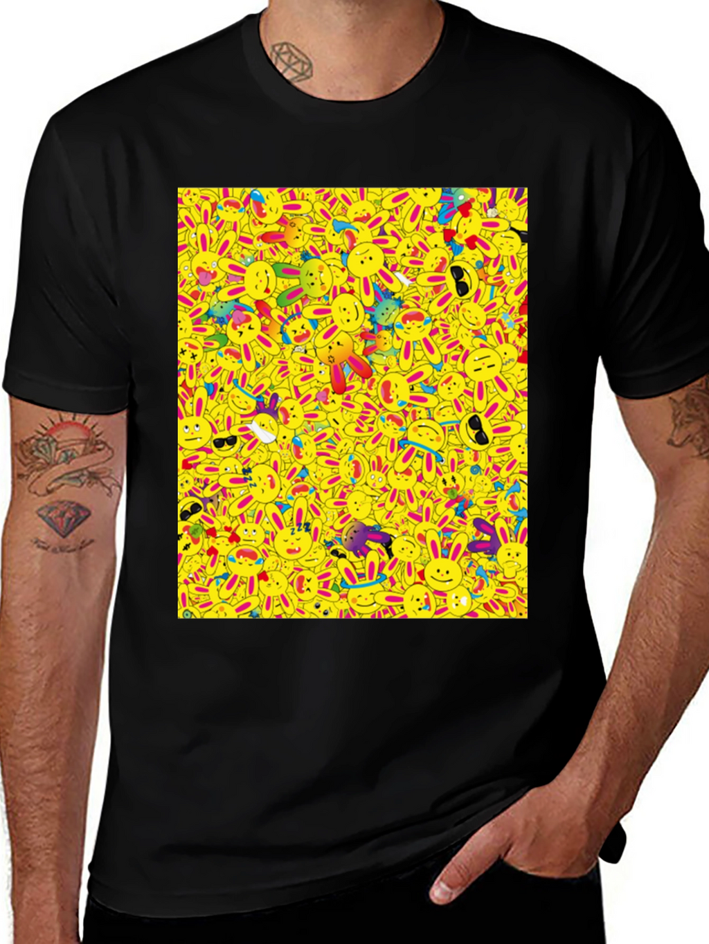Novelty Cartoon Bunny Pattern Black T-Shirt
