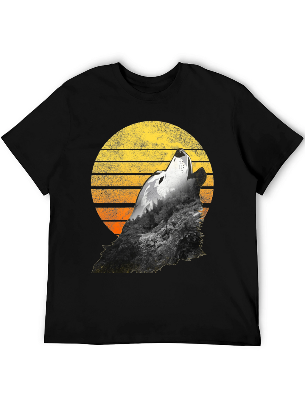 Wolf Howling Sunset Graphic T-Shirt - Black