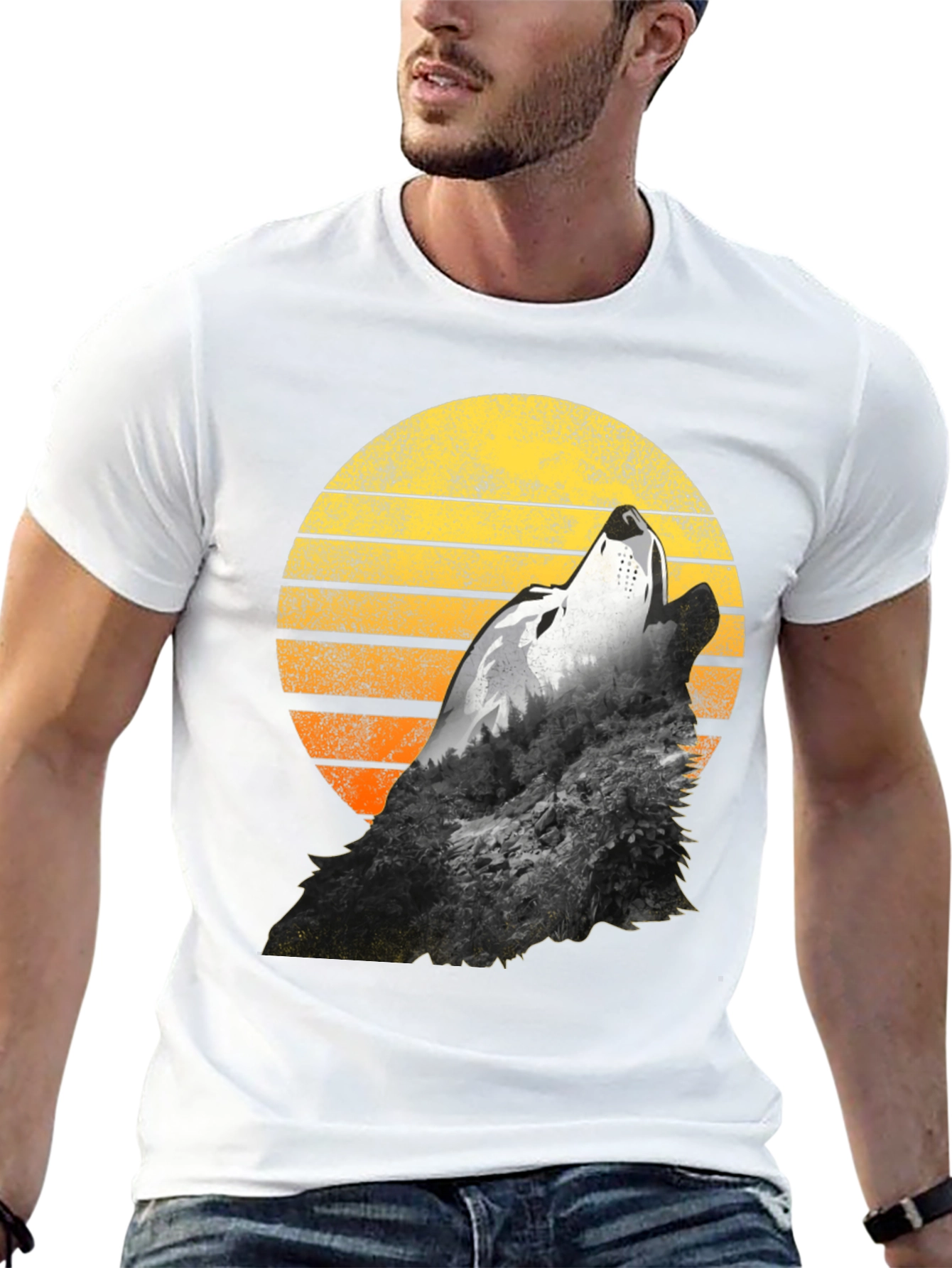 Wolf Howling Sunset Graphic T-Shirt - Black