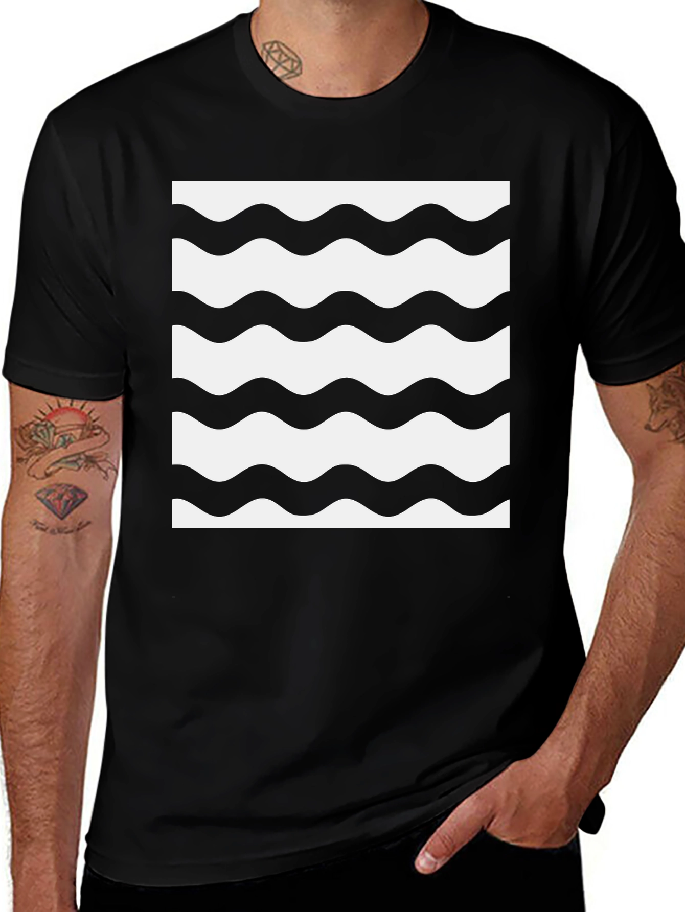 Stylish Wave Pattern Black T-Shirt