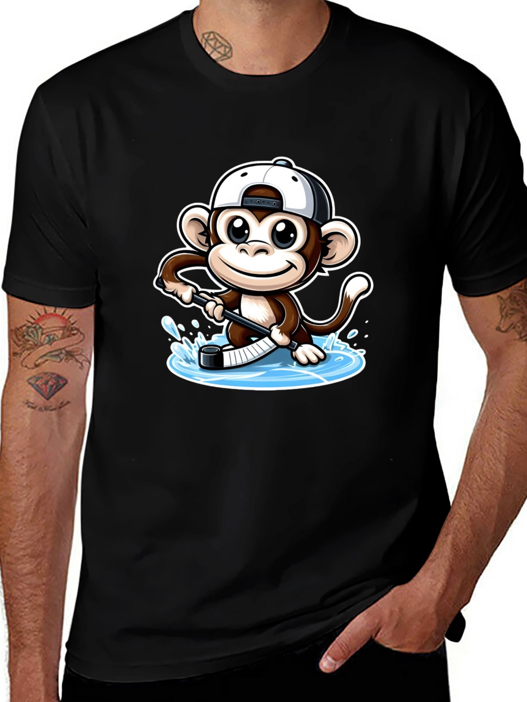 Monkey Hockey Player Black T-Shirt