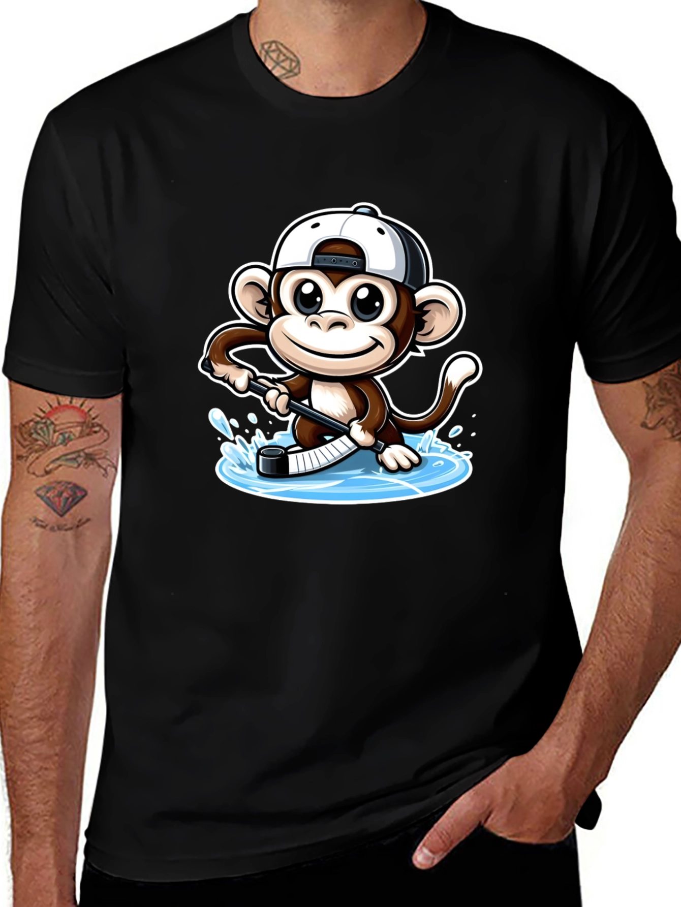 Monkey Hockey Player Black T-Shirt