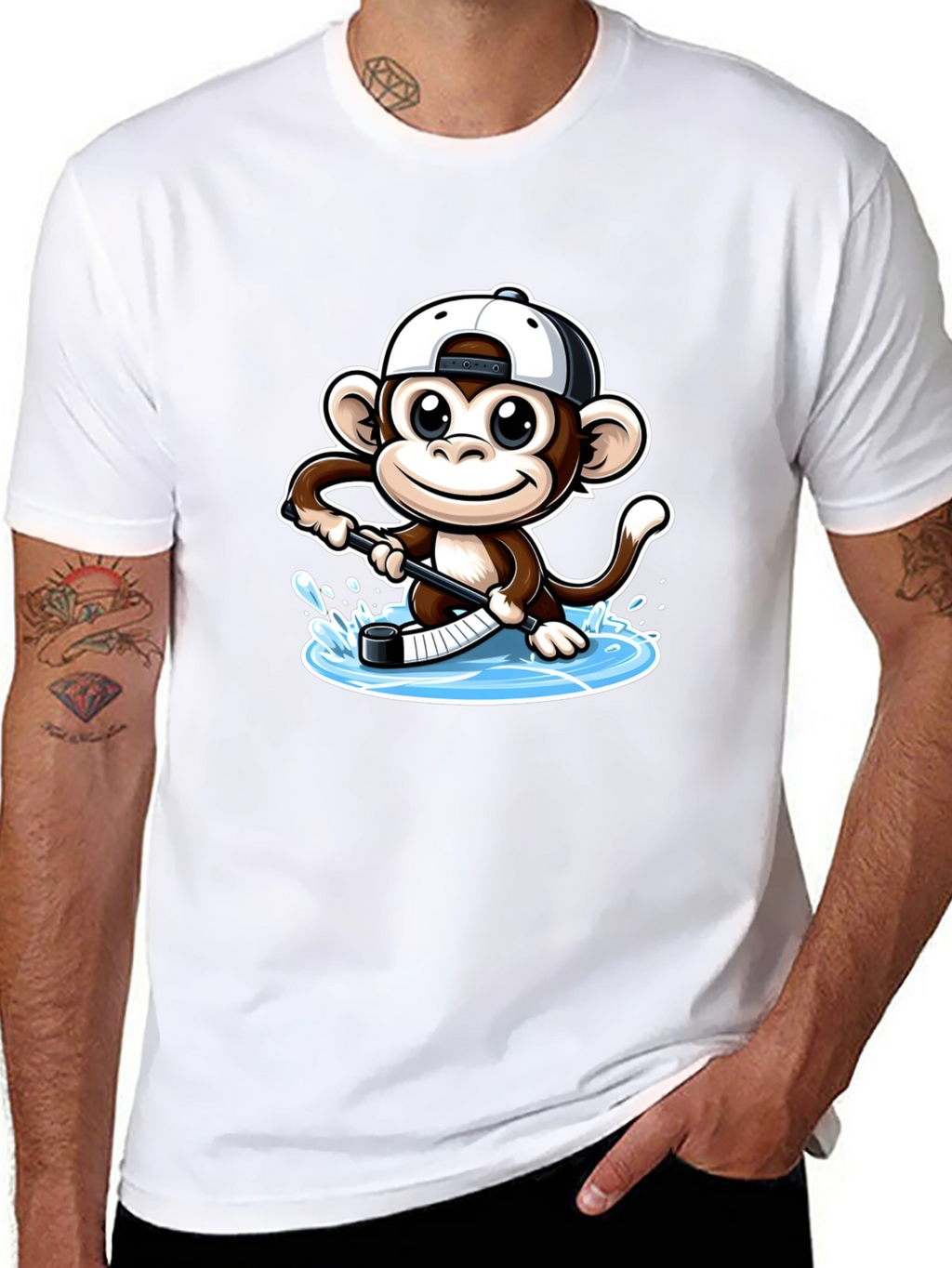 Monkey Hockey Player Black T-Shirt