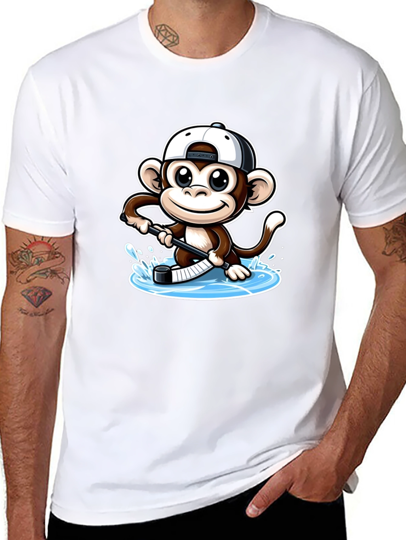 Monkey Hockey Player Black T-Shirt