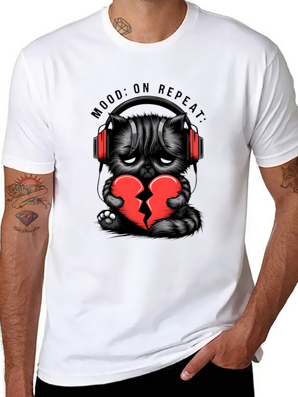 Mood On Repeat Broken Heart Cat Graphic Tee