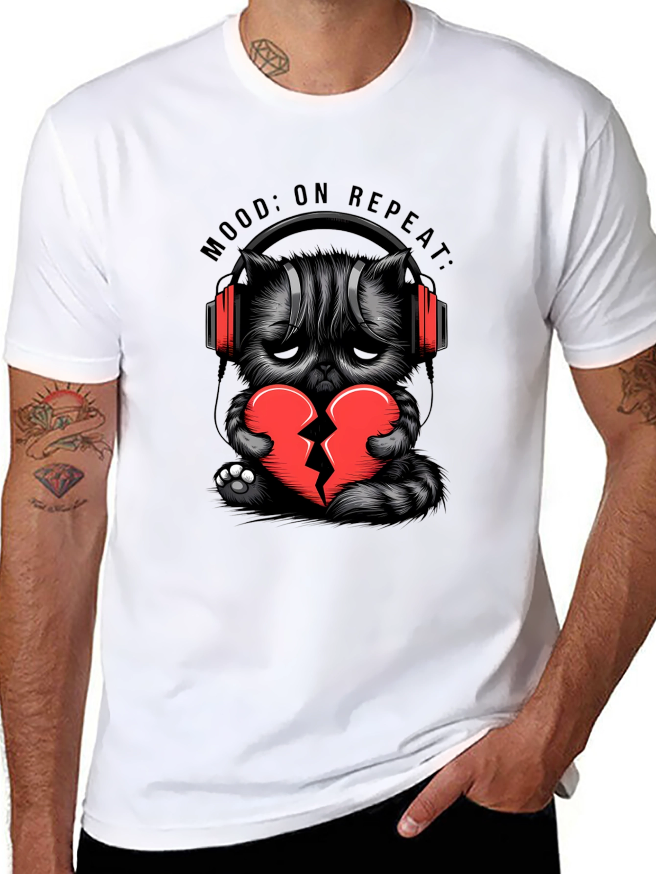 Mood On Repeat Broken Heart Cat Graphic Tee