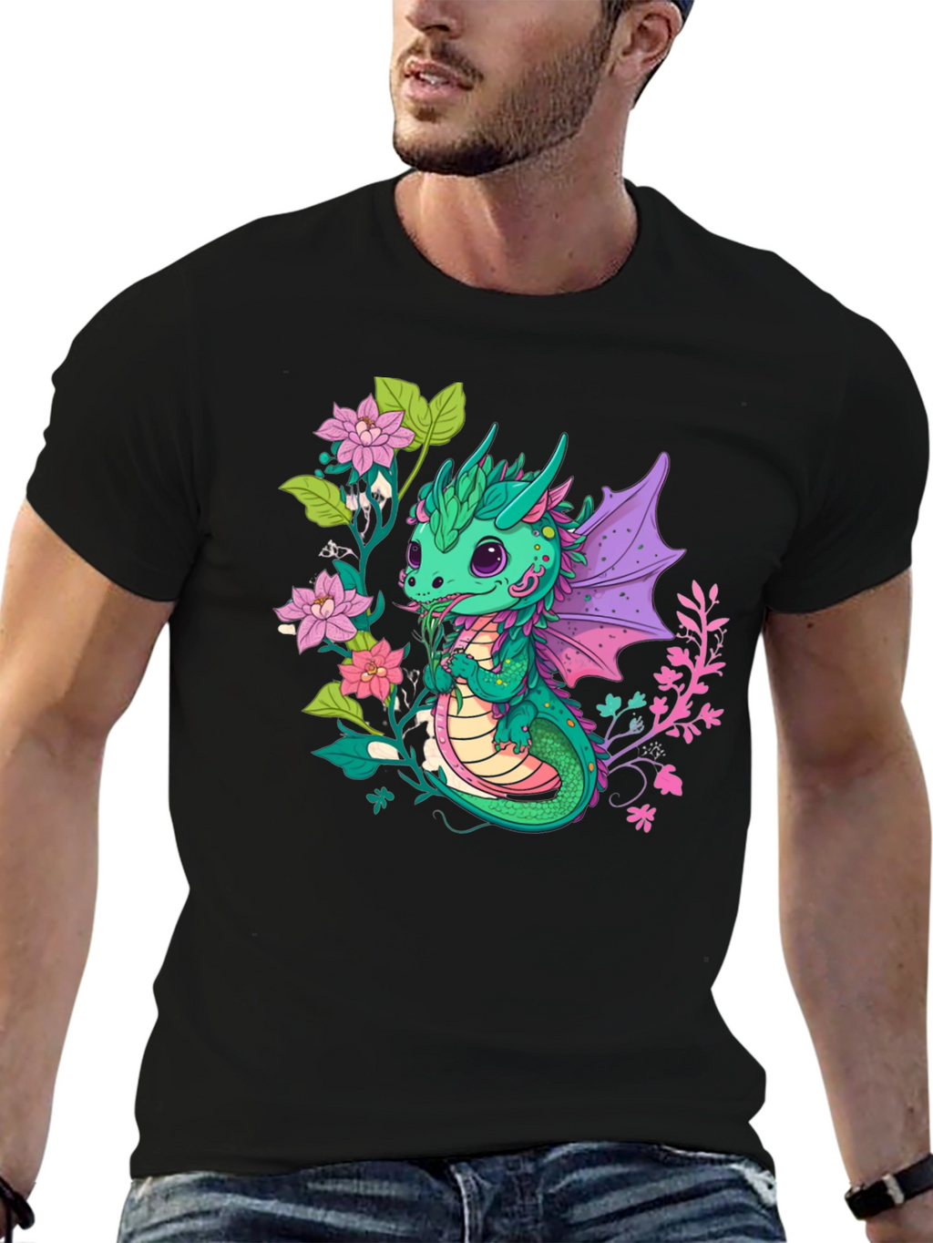 Cute Dragon & Floral Graphic T-Shirt