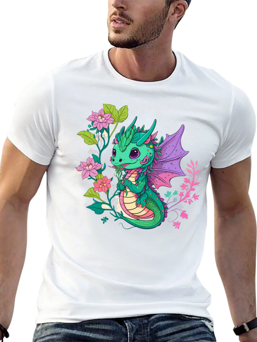 Cute Dragon & Floral Graphic T-Shirt
