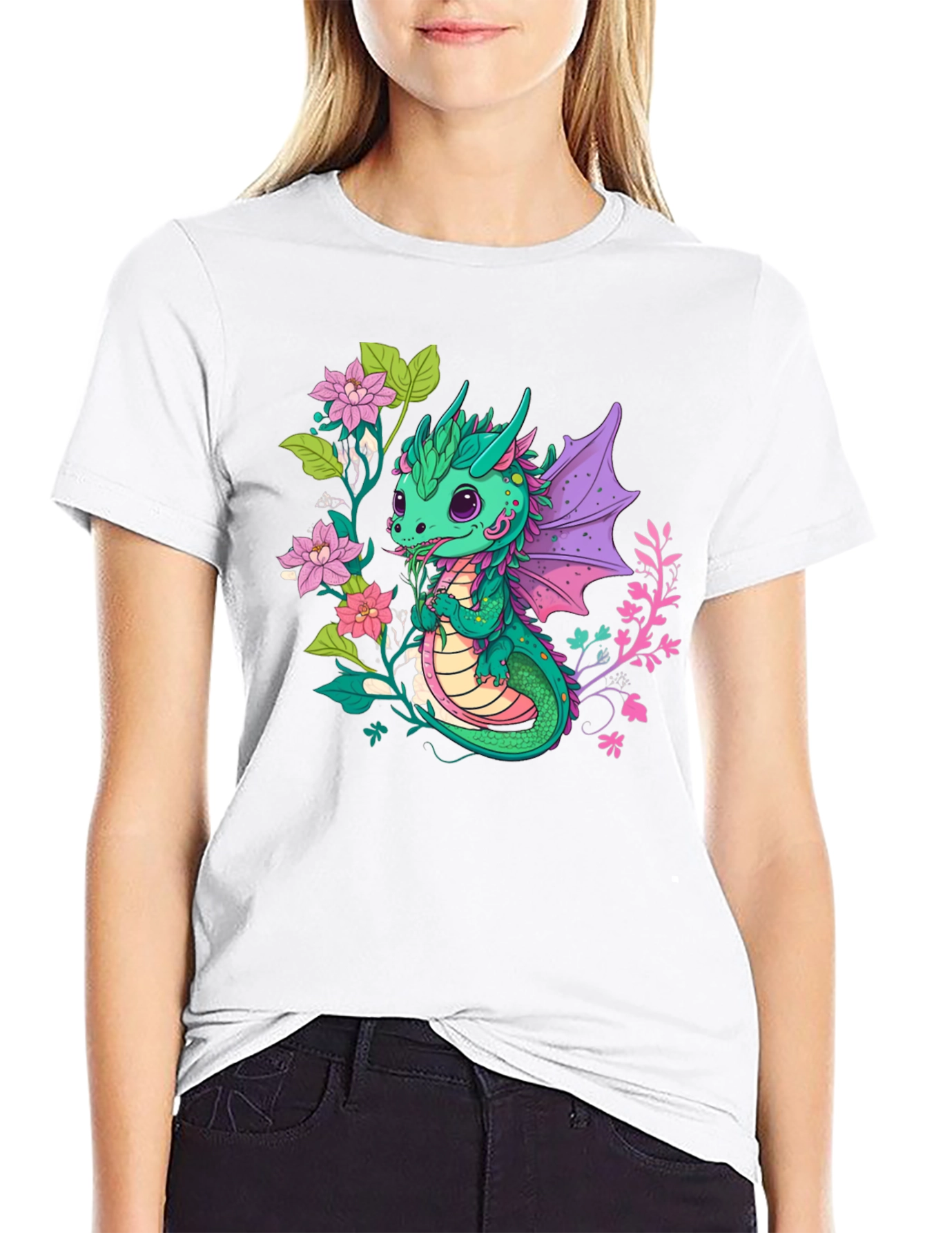 Cute Dragon & Floral Graphic T-Shirt