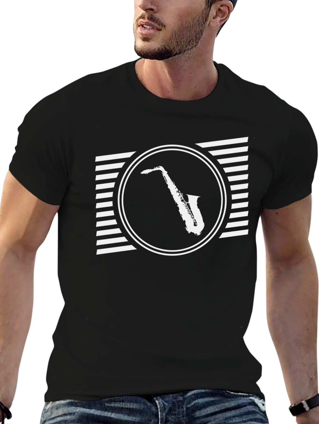Saxophone Graphic Tee - Retro Style Black T-Shirt