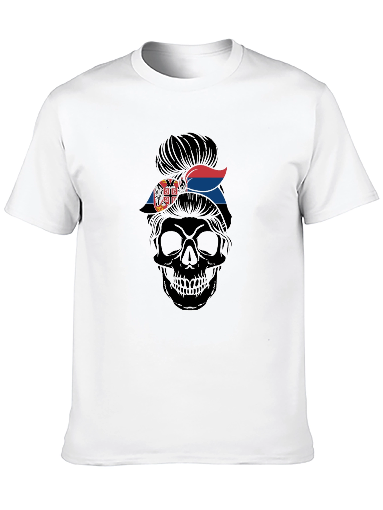 Skull Messy Bun Serbia Flag T-Shirt
