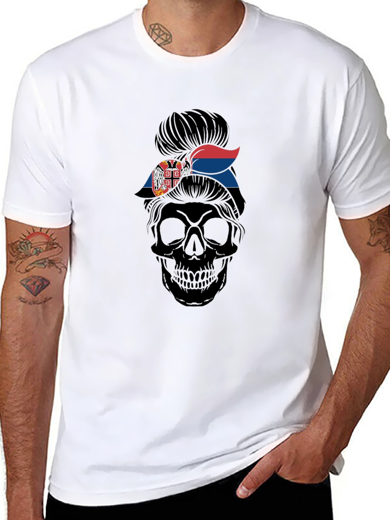 Skull Messy Bun Serbia Flag T-Shirt