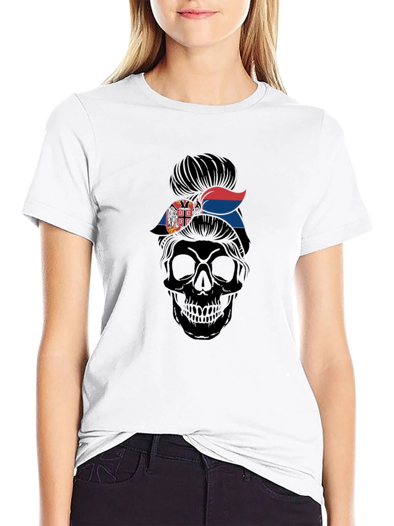 Skull Messy Bun Serbia Flag T-Shirt