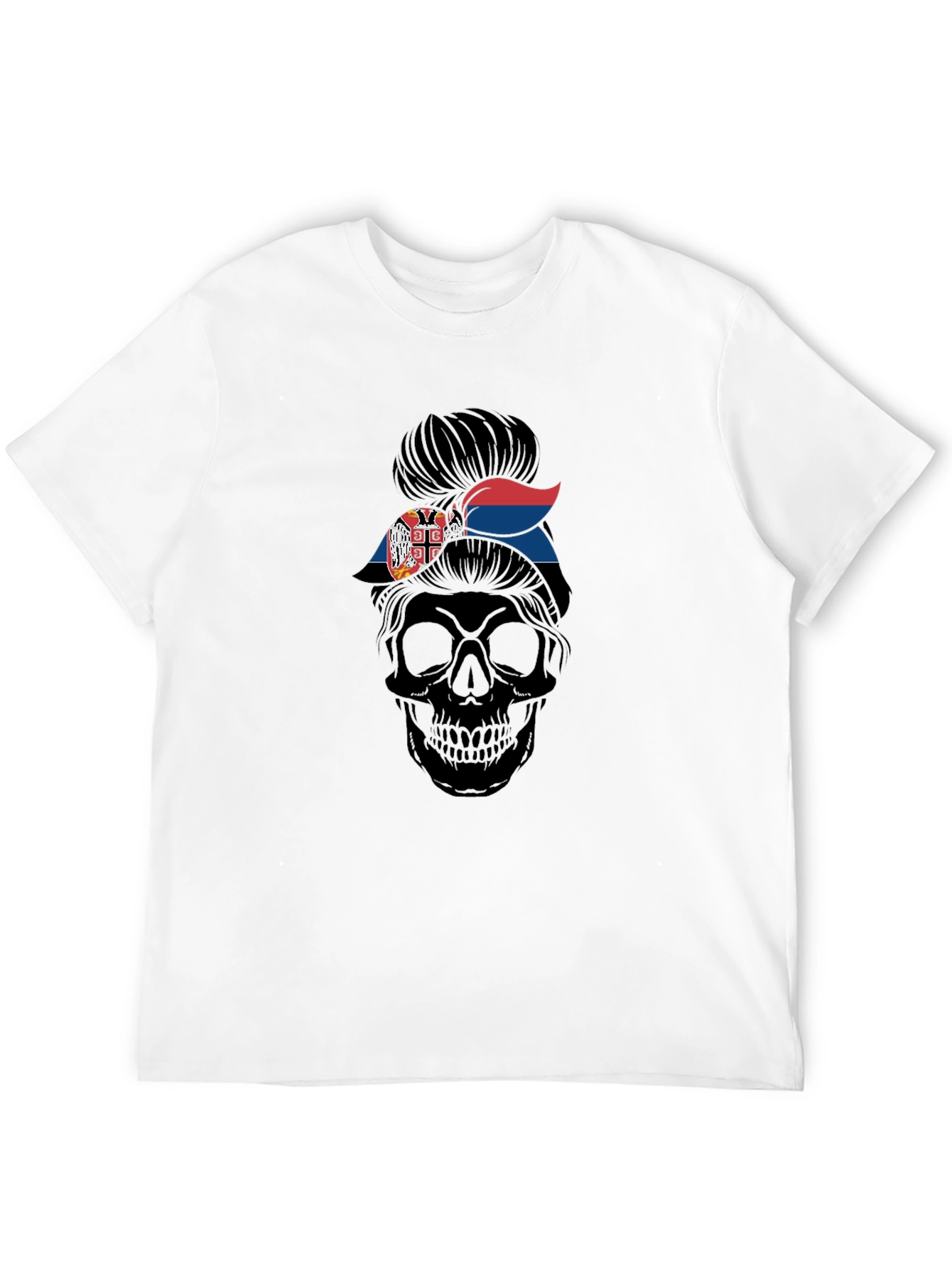 Skull Messy Bun Serbia Flag T-Shirt
