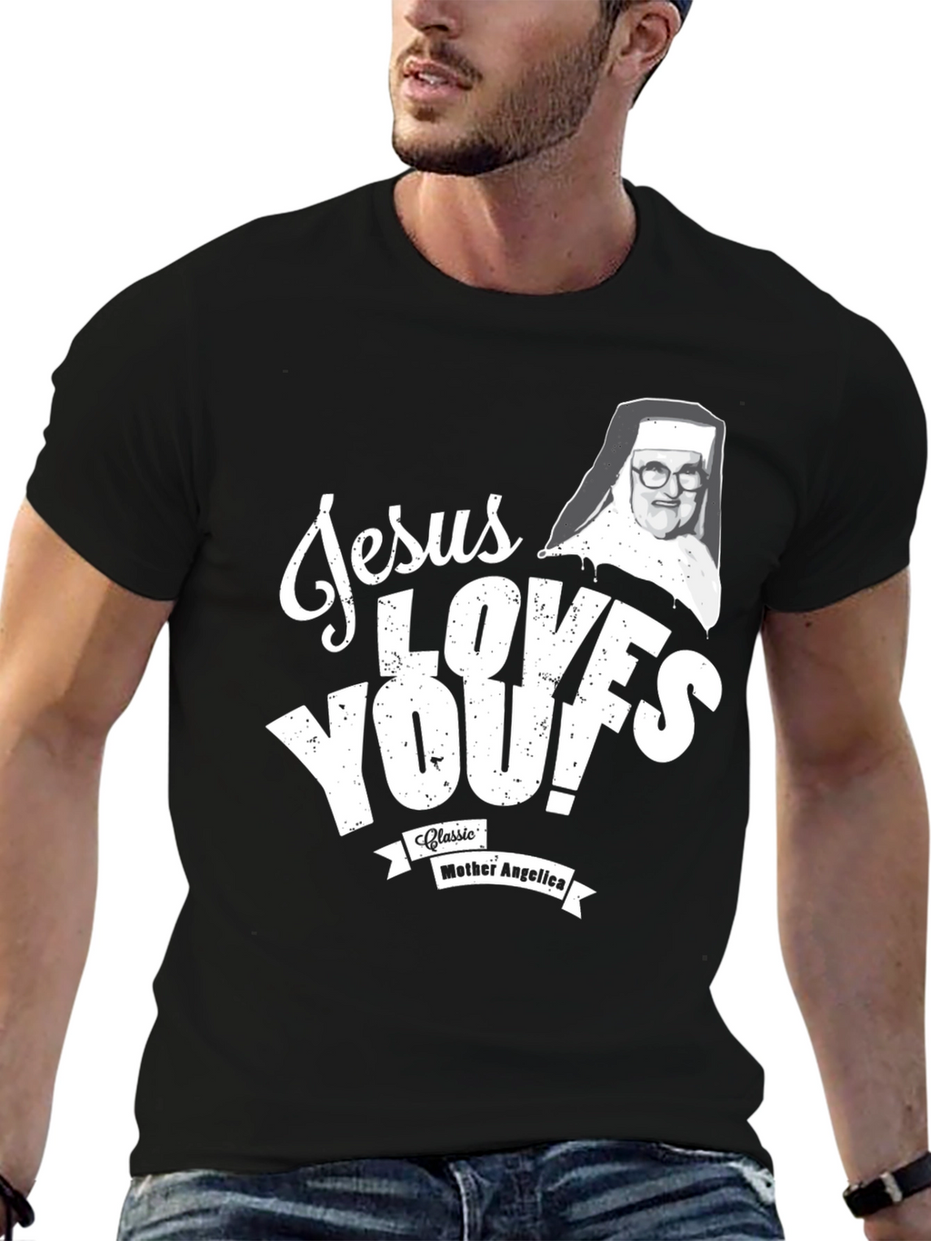 Jesus Loves You! Mother Angelica Black T-Shirt