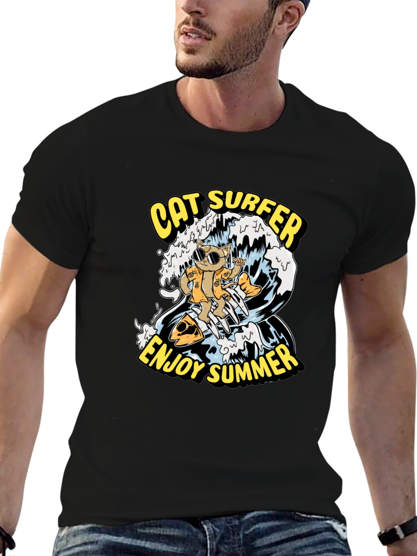 Cat Surfer Graphic Tee - Enjoy Summer!