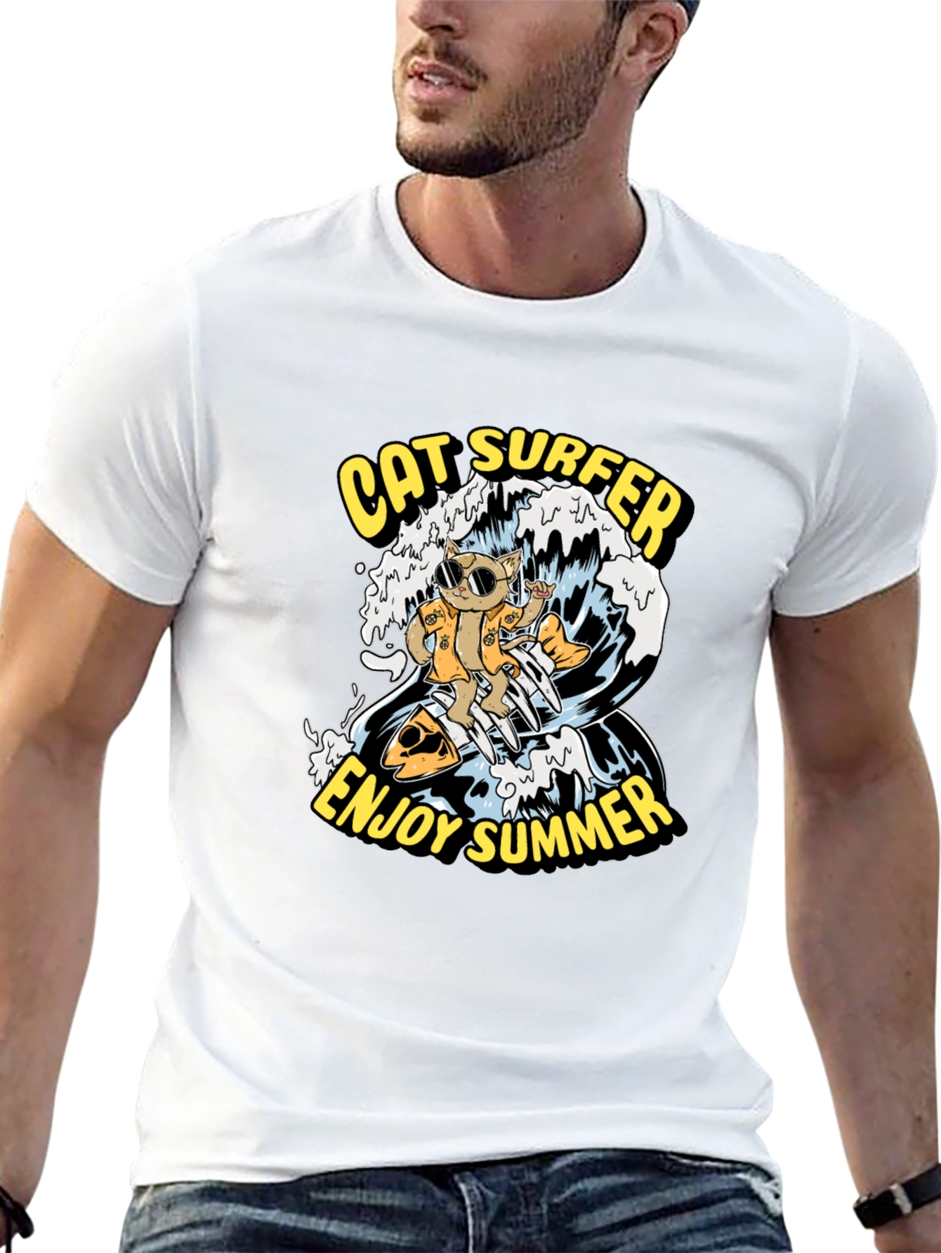 Cat Surfer Graphic Tee - Enjoy Summer!