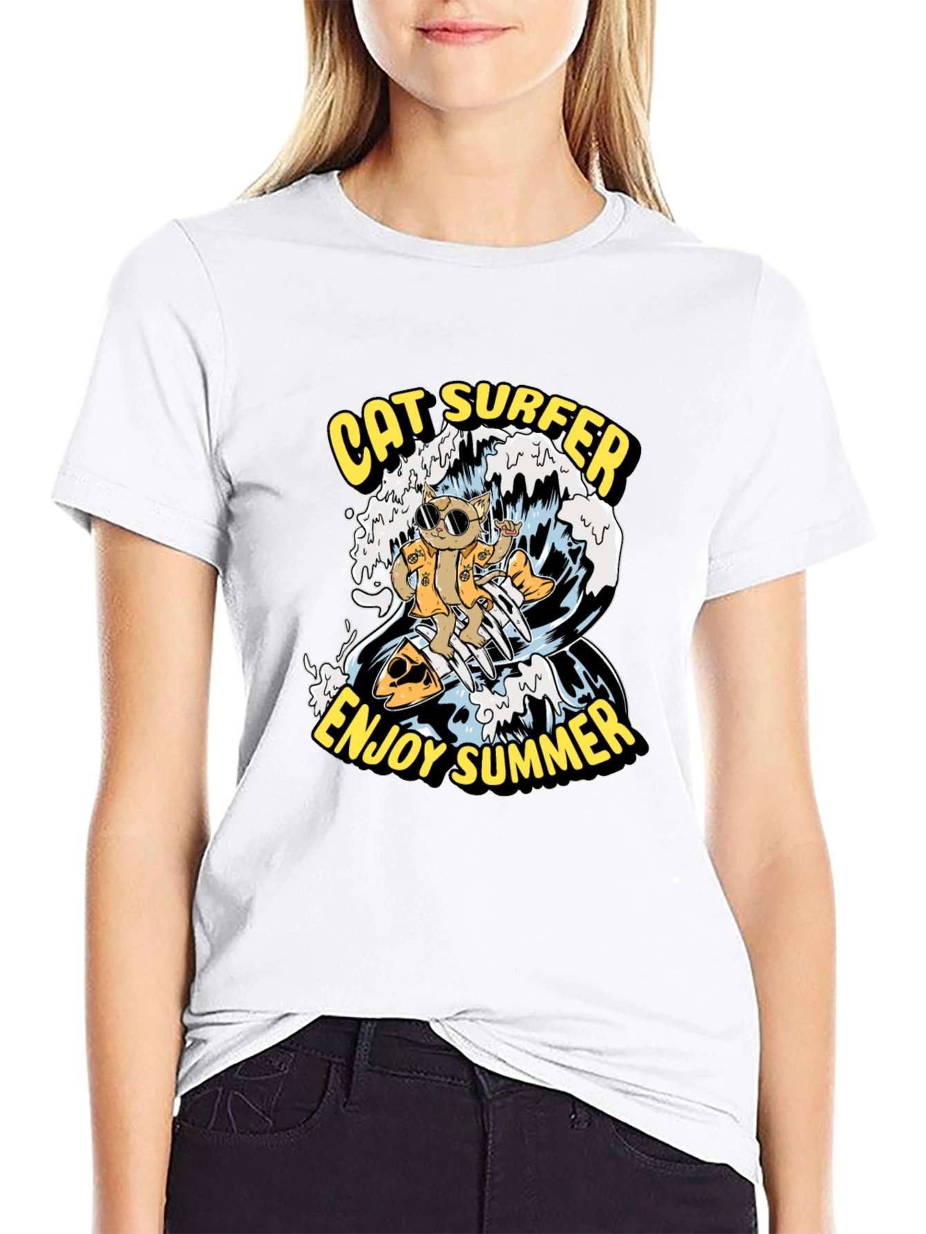 Cat Surfer Graphic Tee - Enjoy Summer!
