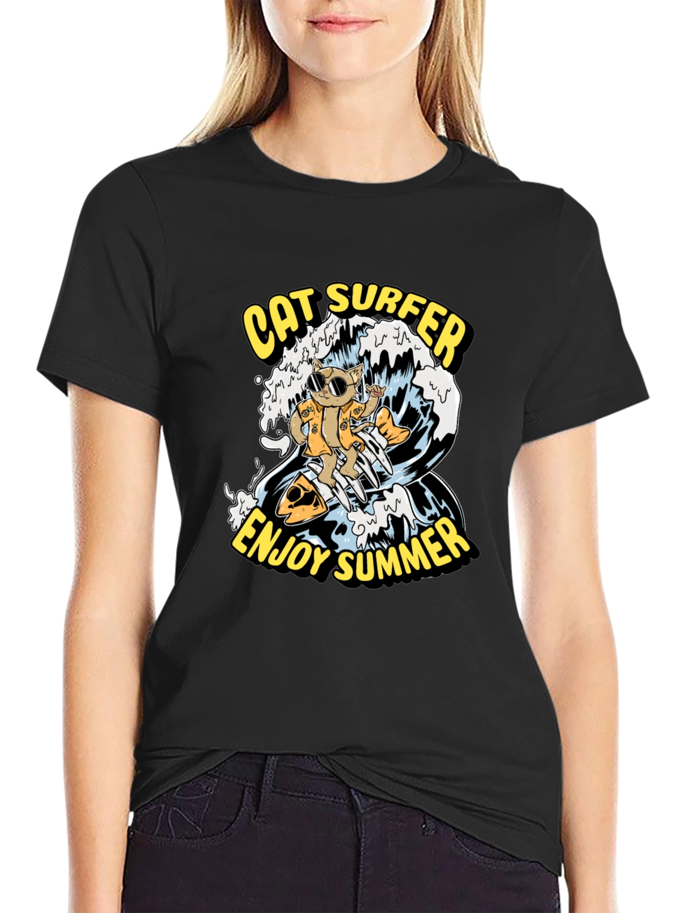 Cat Surfer Graphic Tee - Enjoy Summer!