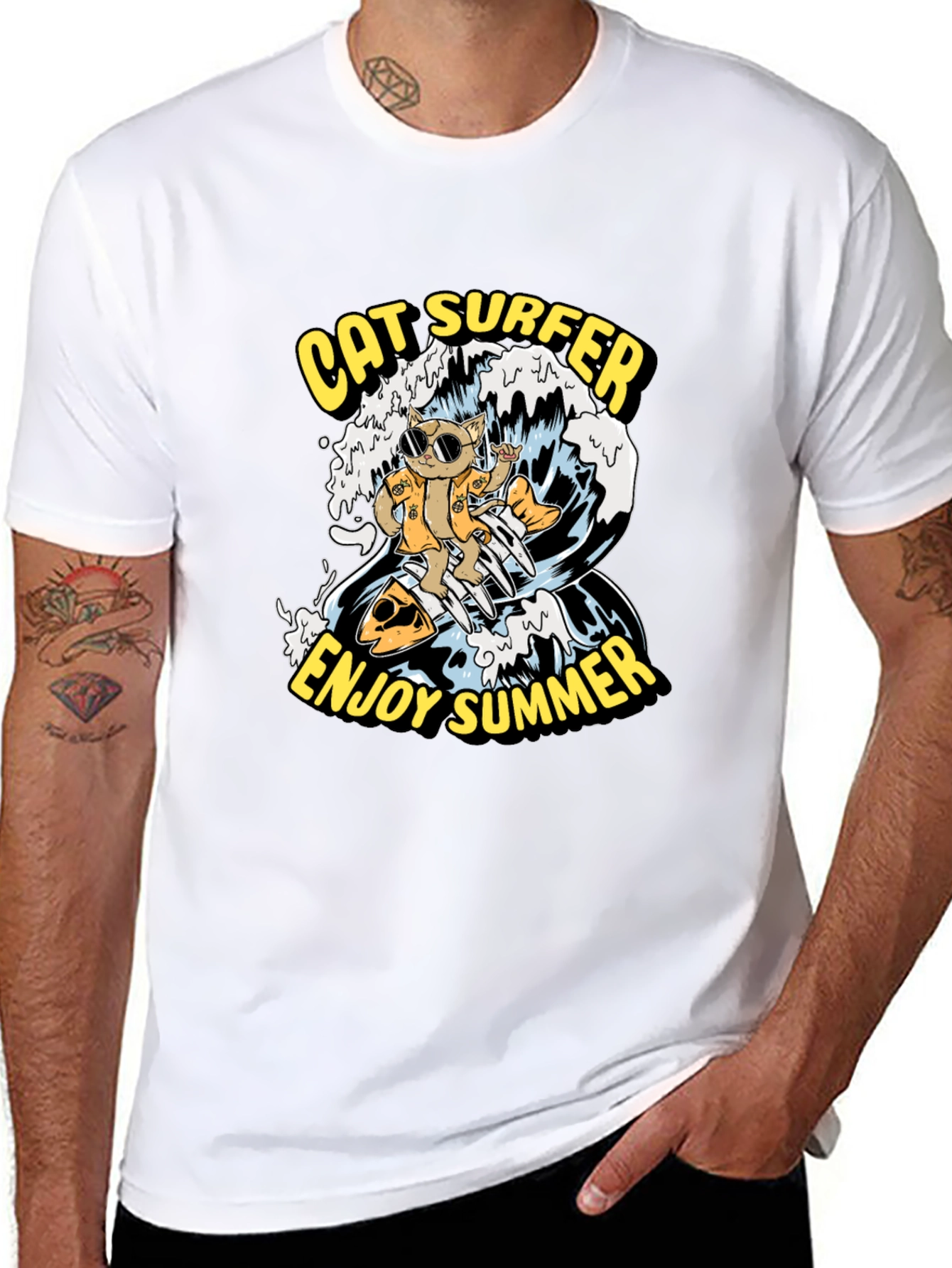 Cat Surfer Graphic Tee - Enjoy Summer!