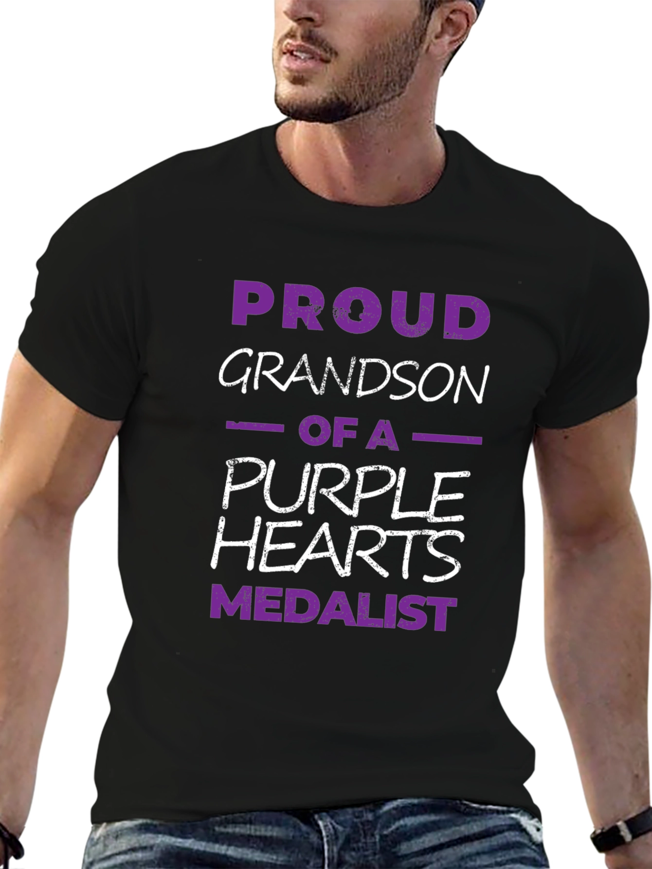 Proud Grandson Purple Hearts Medalist Black T-Shirt
