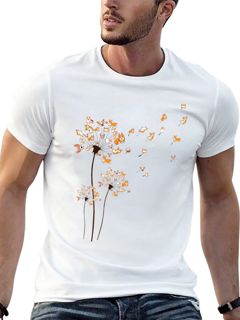 Corgi Dandelion Black T-Shirt