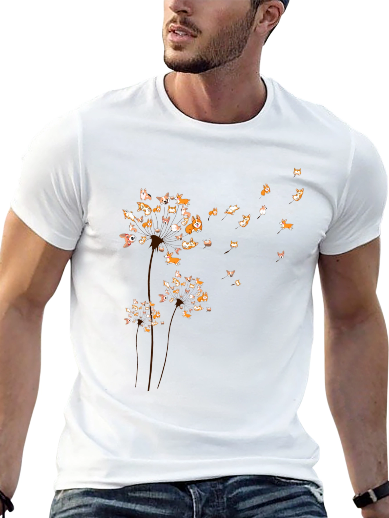 Corgi Dandelion Black T-Shirt