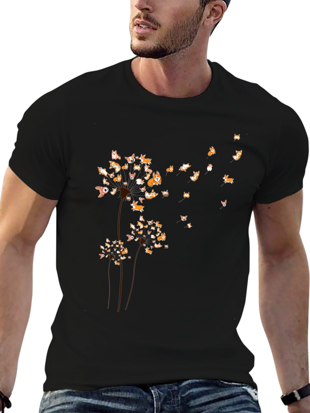 Corgi Dandelion Black T-Shirt
