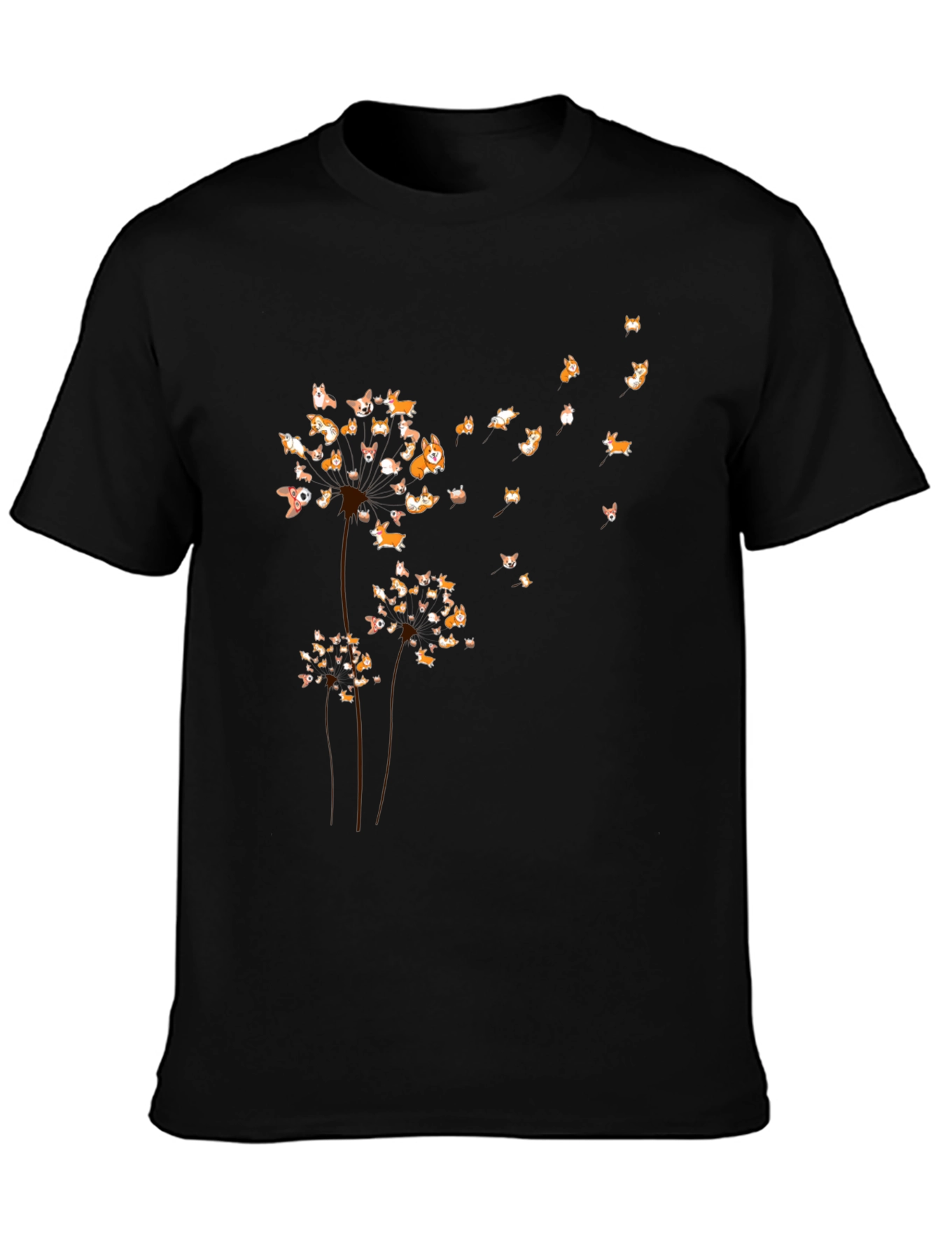 Corgi Dandelion Black T-Shirt