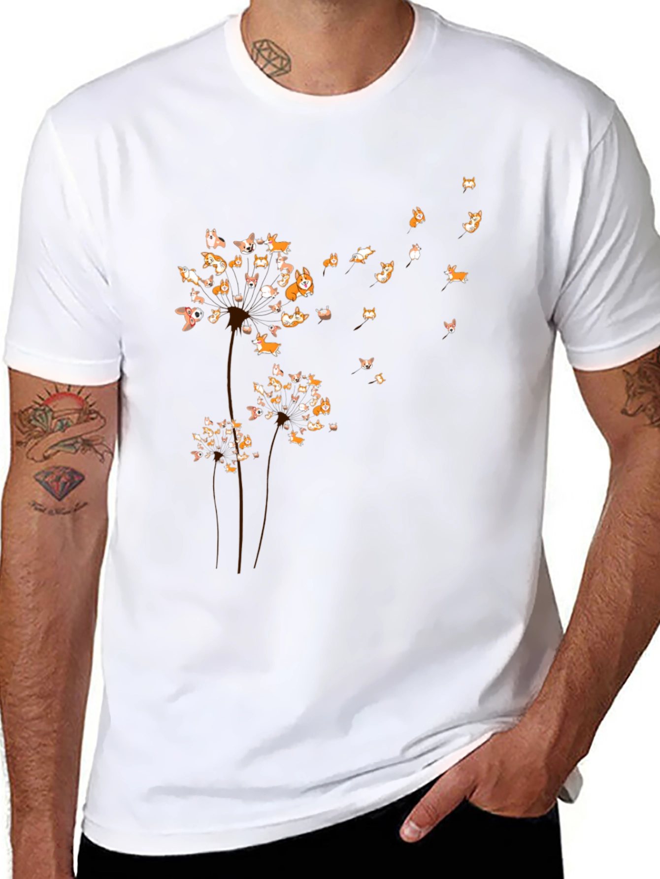 Corgi Dandelion Black T-Shirt