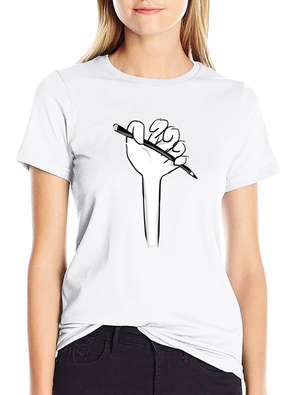Hand Holding Pen Graphic Tee - Black Cotton Shirt
