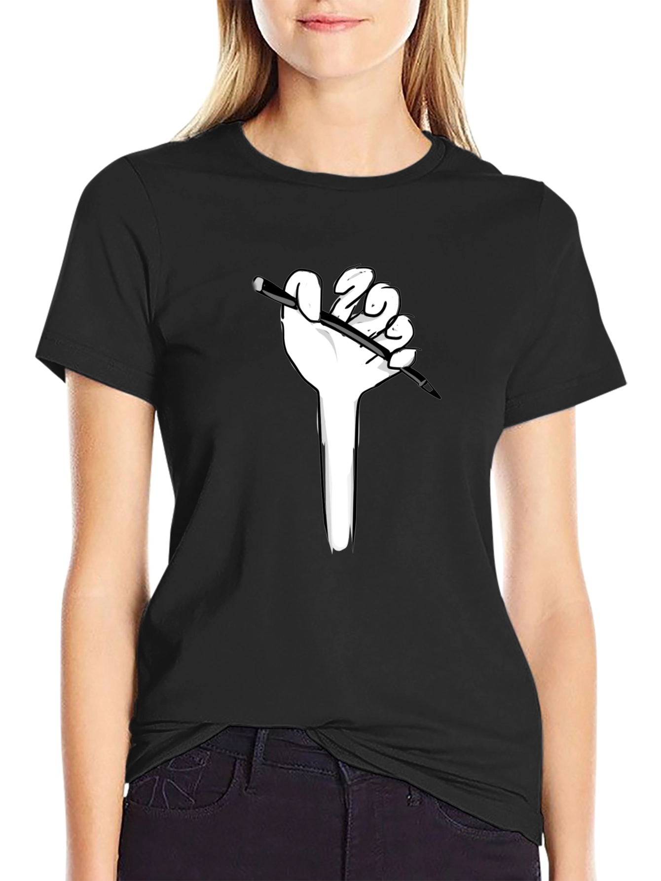 Hand Holding Pen Graphic Tee - Black Cotton Shirt