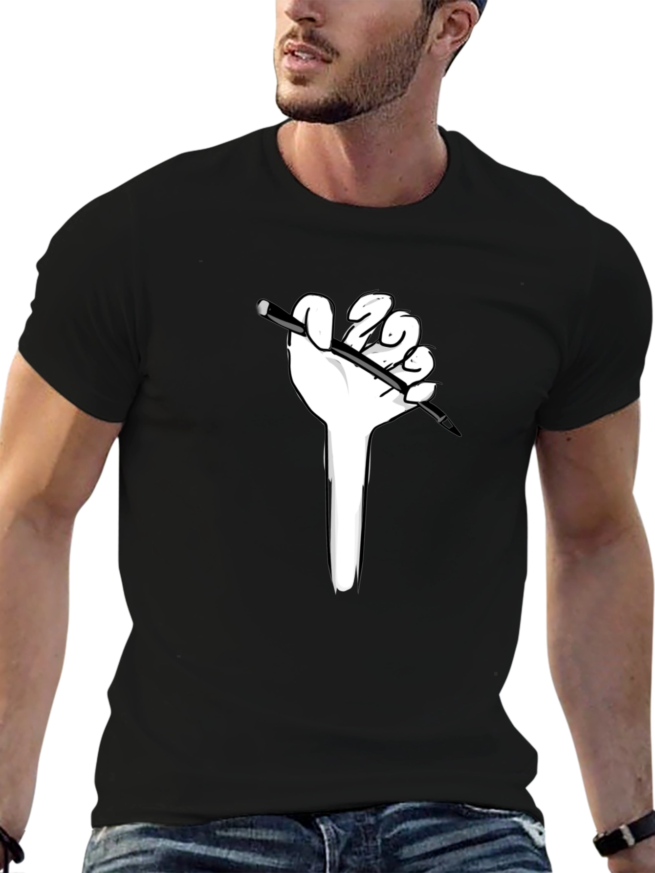 Hand Holding Pen Graphic Tee - Black Cotton Shirt
