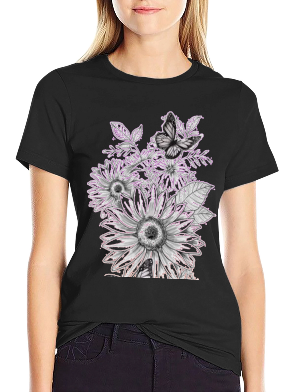 Floral Butterfly Graphic Black Tee