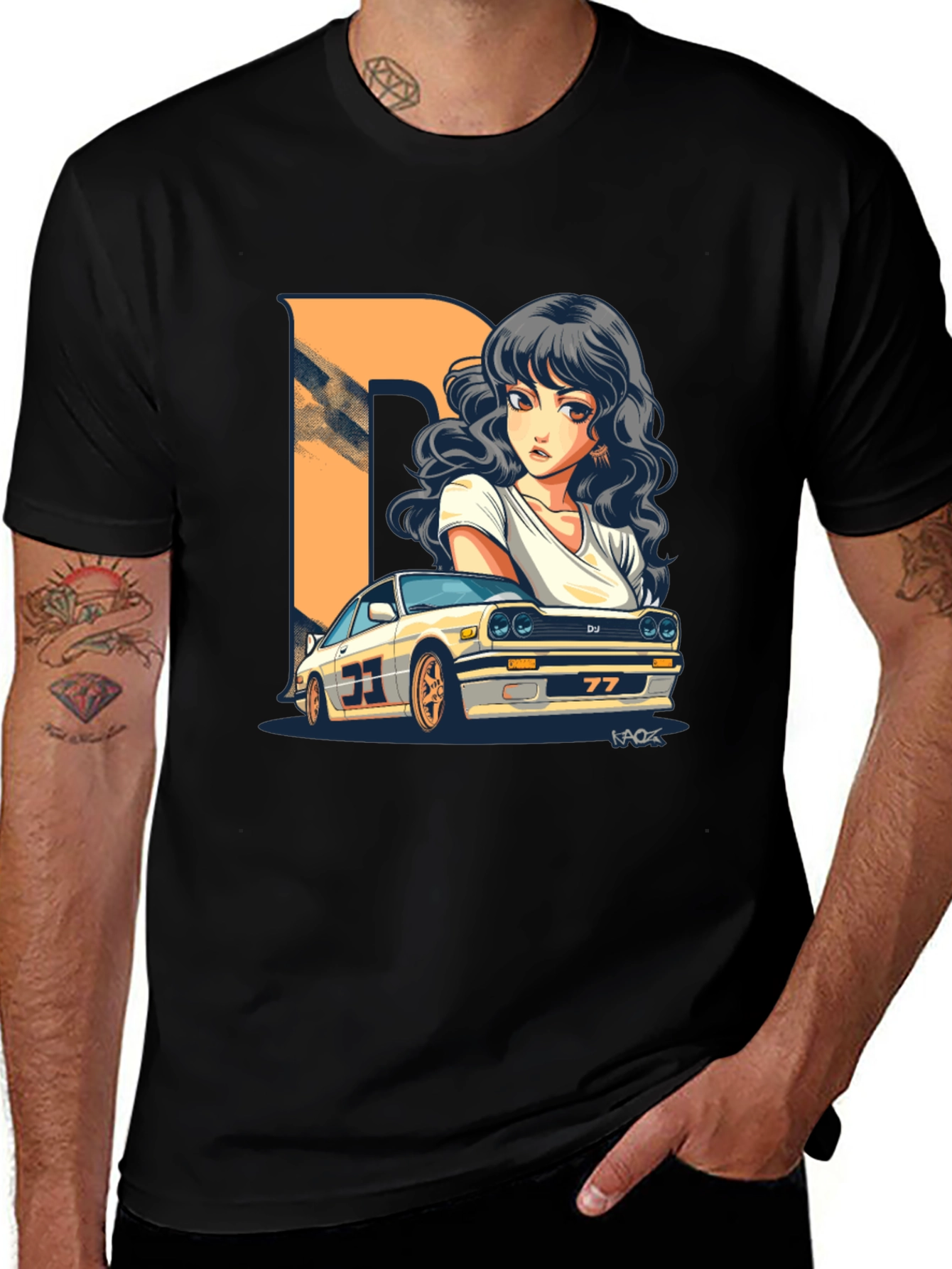 Anime Girl Racing Car Black T-Shirt